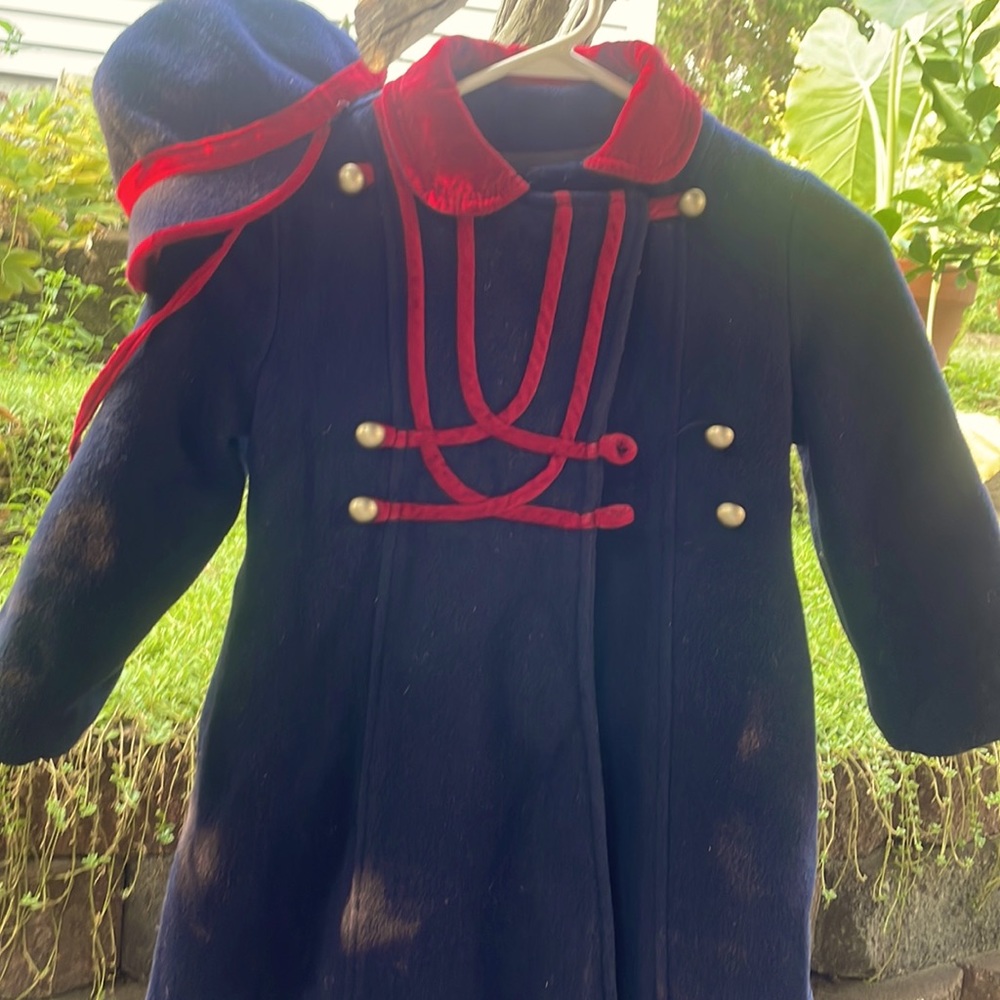 Banbury Fair vintage navy wool blend coat, velvet detail +matching hat. Size 6.